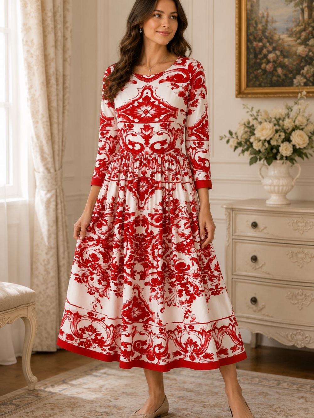 Dainty Jewells Antebellum Red and White Damask Modest Midi Dress